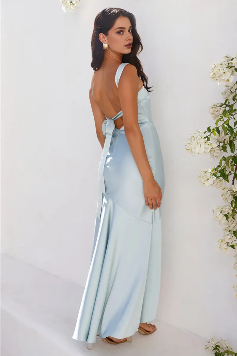 Robe Weitese à col asymétrique, sans manches, moulante, ourlet en queue de poisson, dos nu, en satin, robe de bal longue, bleue